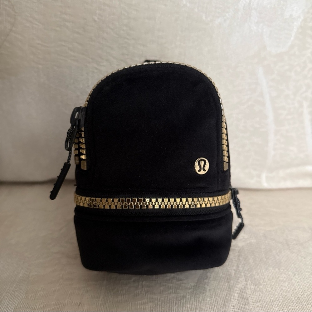 Lululemon City Adventurer Nano Backpack in black velour with gold zippers